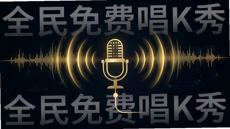 概念图,展示声音波纹与手机连接,背景为深色科技感,主体为麦克风图标发出金色声波,布局对称,风格极简科技风,细节体现音频频率曲线,画质超清,干净无杂点,文字“全民免费唱K秀”以半透明形式叠加在背景中
