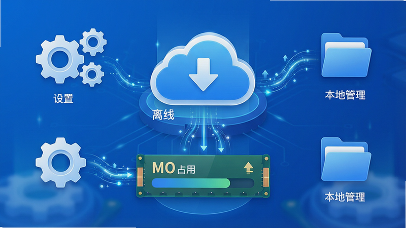 科技感界面展示,中心是一个云下载图标,下方连接着手机内存条图形,显示存储占用情况。周围有齿轮图标代表设置,以及文件夹图标代表本地管理。整体色调为科技蓝与白色,线条流畅,具有未来感。布局清晰,信息层级分明,突出