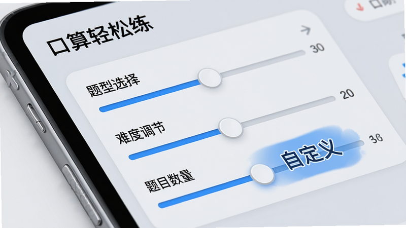 展示“口算轻松练”设置界面的特写,屏幕上清晰显示“题型选择”、“难度调节”和“题目数量”三个滑块控件,背景为浅灰色,文字清晰可读,重点突出“自定义”功能,风格现代简洁,细节精致,高清画质
