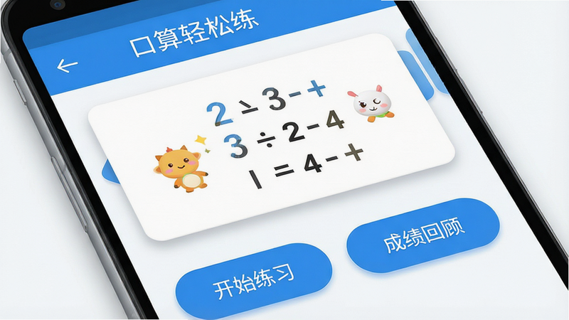 一张高清的安卓手机界面展示图,主体为“口算轻松练”APP的主界面,布局清晰,顶部显示应用名称,中间区域展示一道生动的口算题目卡片,底部有“开始练习”和“成绩回顾”两个大按钮,整体风格清新简约,采用蓝白色调,细节处有柔和的阴影效果,画质4k,干净无多余元素