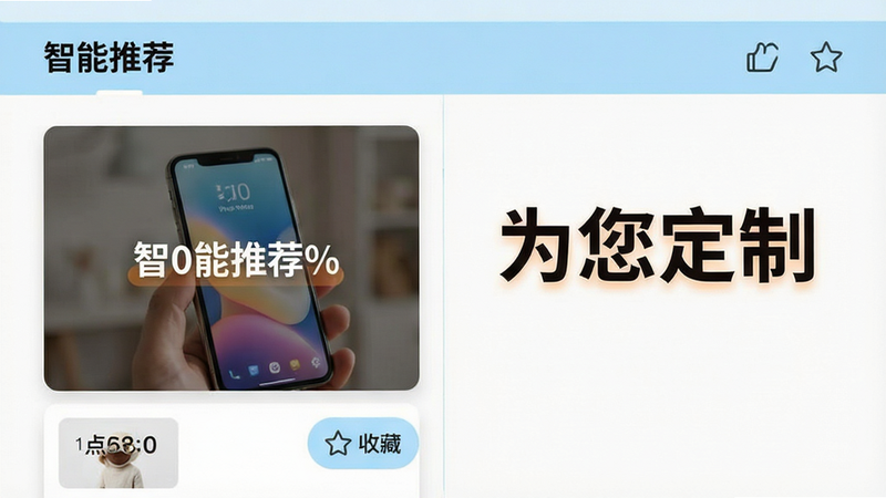 主体为手机界面截图,显示“智能推荐”模块,左侧为产品卡片,右侧为文字描述“为您定制”。布局左右分栏,左侧图片占比60%,右侧文字占比40%。排版紧凑有序,重点信息加粗高亮。风格科技感与温馨感结合,使用浅蓝色背景条区分模块。细节包含点赞图标和收藏按钮,画质清晰,无杂乱背景,色彩柔和。