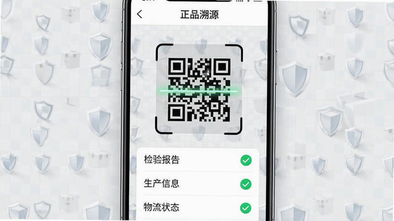 主体为手机界面,显示“正品溯源”查询页面,中间有一个大的二维码扫描框,下方列表显示“检验报告”、“生产信息”、“物流状态”。布局垂直居中,层次分明。排版清晰,关键状态用绿色对勾标识。风格严谨专业,背景为浅灰色网格。细节包含盾牌图标象征安全,画质锐利,无噪点,整体视觉干净利落。