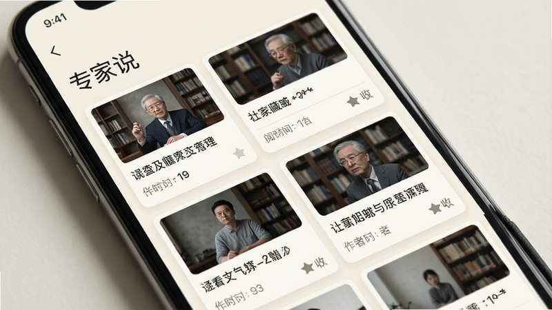主体为手机资讯列表页,标题为“专家说”,下方排列文章卡片,每张卡片包含缩略图、标题和作者名。布局瀑布流式排列,间距适中。排版优雅,字体大小适中易读。风格清新文艺,使用米白色背景。细节包含阅读时长标识和收藏数,画质细腻,光影自然,无多余装饰元素。