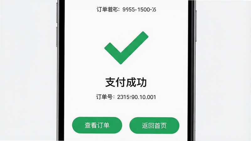 主体为手机支付成功页面,中间显示大大的绿色对勾,下方文字“支付成功”,底部有“查看订单”和“返回首页”按钮。布局中心对称,视觉焦点集中。排版简洁,留白充足。风格现代扁平,色彩以白绿为主。细节包含订单号显示,画质高清,界面整洁,无其他干扰元素。