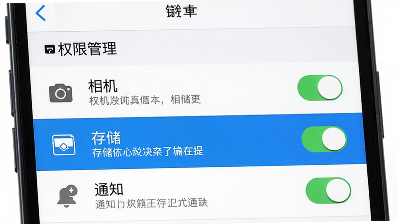 主体为手机设置界面,显示“权限管理”列表,高亮显示“相机”、“存储”、“通知”选项。布局列表式,左侧图标右侧开关。排版清晰,开关状态明确。风格简洁商务,背景为白色。细节包含权限说明文字,画质清晰,无多余图标,整体界面整洁。