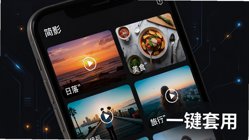 展示“简影”应用内模板选择页面的概念图,主体为手机屏幕,屏幕上排列着多个精美的视频缩略图,每个缩略图代表不同的风格如“日落”、“美食”、“旅行”,色彩丰富鲜艳,背景为深色模式以突出屏幕内容,文字“一键套用”以醒目字体展示在角落,风格为科技感与艺术感结合,高清细节,无水印