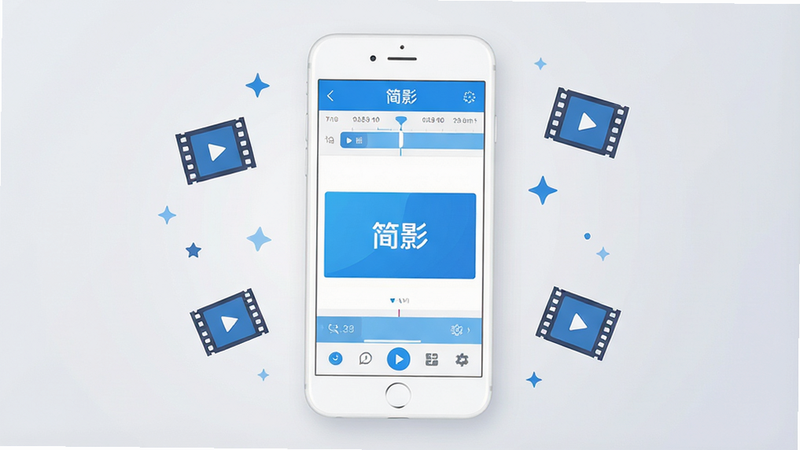 一张高清扁平化风格的手机界面展示图,主体为一部白色智能手机,屏幕显示着名为“简影”的视频剪辑应用界面,界面色彩清新以蓝白为主,布局包含顶部时间轴、中部预览窗口和底部快捷工具栏,背景为柔和的浅灰色渐变,周围漂浮着几个抽象的视频胶片图标和星星点缀,文字“简影”清晰可见,整体风格现代简约,无多余杂乱元素,4k高清渲染,干净整洁