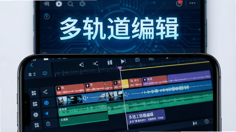 展示视频编辑时间轴的特写图,主体为手机屏幕下半部分,显示多条平行的轨道,分别代表视频、音频和文字,轨道上有不同颜色的色块表示剪辑片段,布局整齐有序,背景为深蓝色科技风,文字“多轨道编辑”悬浮在上方,字体发光效果,风格现代数字艺术,高清,无干扰元素