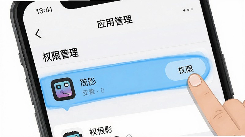 手机系统设置界面的示意图,主体为“应用管理”页面,高亮显示“简影”应用条目,手指图标正点击“权限”按钮,布局清晰,文字“权限管理”突出显示,风格为iOS与Android混合的通用UI设计,背景白色,细节清晰,无多余弹窗,高清矢量风格