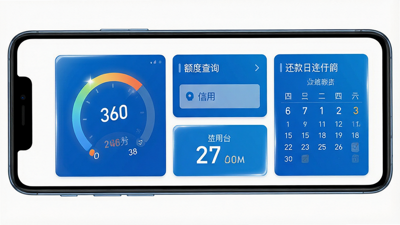 一张高清的360信用钱包安卓应用界面全景图,主体为手机屏幕,显示首页核心功能模块,包括信用分仪表盘、额度查询入口和还款日历,布局整洁有序,采用360品牌蓝白配色,扁平化UI设计风格,细节处有轻微的高光效果,画质清晰锐利,无多余装饰元素,文字内容清晰可见,背景为纯白色,突出软件主体