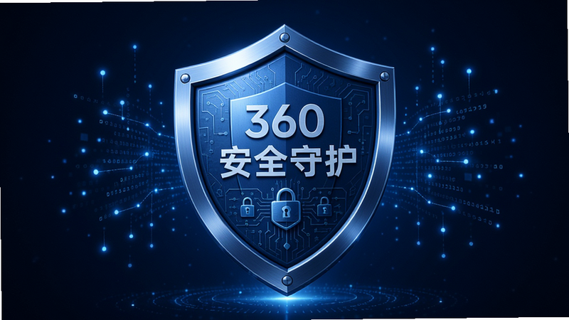 360信用钱包安全保护盾牌的视觉化呈现,盾牌位于画面中央,呈蓝色金属质感,表面有细微的科技纹理,背景为深邃的蓝色空间,周围漂浮着代表数据流的光点,布局稳重,风格严谨可靠,细节处体现加密算法的复杂性,画质超清,无多余干扰元素,文字标注“安全守护”