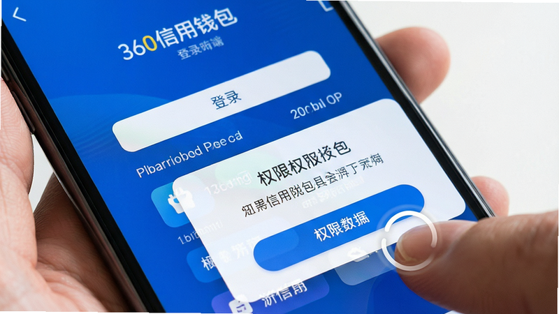 360信用钱包手机端操作界面特写,显示登录页面和权限弹窗,布局清晰,按钮醒目,风格简洁现代,细节处有手指点击的示意,画质高清,无多余背景干扰,文字清晰可读
