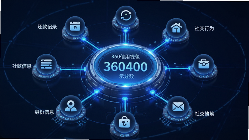 展示360信用钱包信用分计算逻辑的示意图,中心是一个发光的数字分数,周围环绕着代表还款记录、身份信息、社交行为等的小图标,图标通过线条连接到中心,布局呈放射状,科技感强,蓝色主色调,细节精致,画质高清,无杂乱背景,文字标签简洁明了