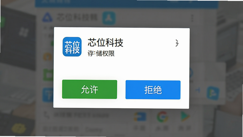 手机端权限设置界面示意图,主体为安卓系统权限弹窗,显示“芯位科技”请求存储权限,布局清晰,按钮高亮,风格系统原生UI,细节准确,画质清晰,无多余弹窗,文字“允许”和“拒绝”清晰可见