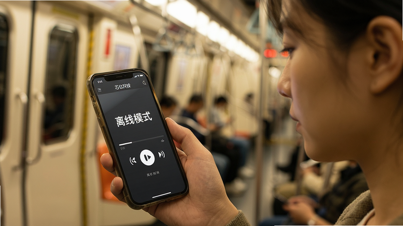 场景图展示用户在地铁上使用“芯位科技”APP,主体为手持手机的用户侧影,屏幕显示离线播放界面,背景为模糊的地铁车厢,光线柔和,布局聚焦于手机屏幕内容,风格写实且温馨,细节表现屏幕亮度适中,画质细腻,无多余人物干扰,文字“离线模式”醒目