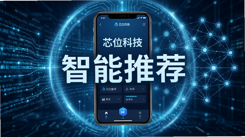 概念图展示智能推荐算法,主体为手机屏幕显示“芯位科技”界面,背景由数据流和神经网络节点构成,象征智能匹配,布局中心突出屏幕内容,四周环绕淡蓝色科技光效,风格科技感强,细节丰富,画质高清,无杂乱背景,文字“智能推荐”清晰可见