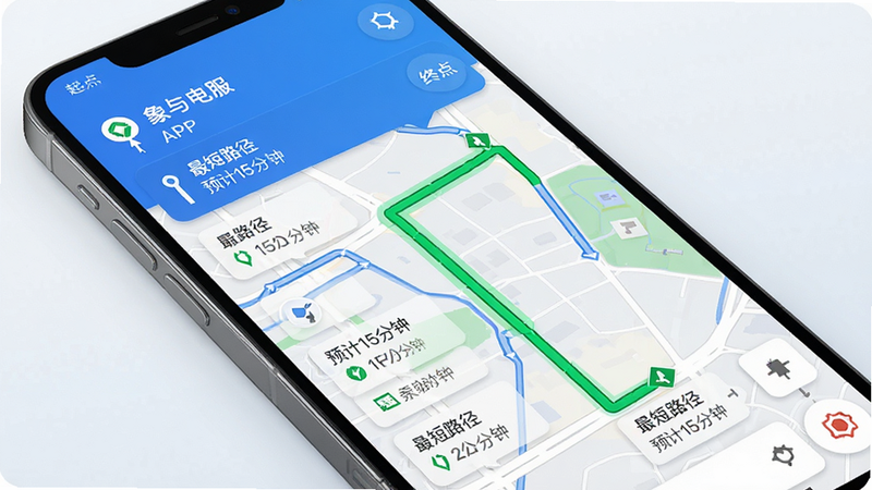����Ϊ�ֻ���ͼ���棬��ʾ������APP��·�߹滮���ܣ����ְ�����㡢�յ㼰������ѡ·�ߣ����Ƽ��У���ɫ·�߸�����ϸ��չʾʱ��Ԥ������룬���ʸߣ��ɾ����޶���Ԫ�أ��������ݣ�
