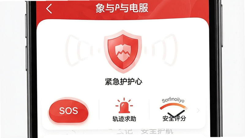 ����Ϊ�ֻ���ȫ���Ľ��棬��ʾ������APP�İ�ȫ���ܣ����ְ��� SOS ��ť���켣��¼����ȫ���֣����ʾ�����ɫ���䣬ϸ��չʾ��������ͼ�꣬���ʸߣ��ɾ����޶���Ԫ�أ��������ݣ�