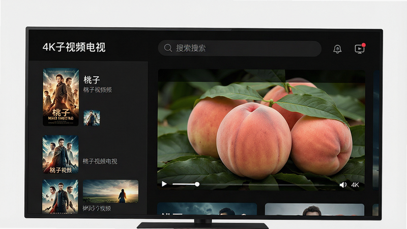 一张展示桃子视频电视APP界面的UI设计图,主体为深色模式背景,左侧是竖排的电影海报列表,右侧是正在播放的视频画面,顶部有明显的搜索栏,界面风格现代简约,高清4K画质,无多余装饰元素,文字清晰可见
