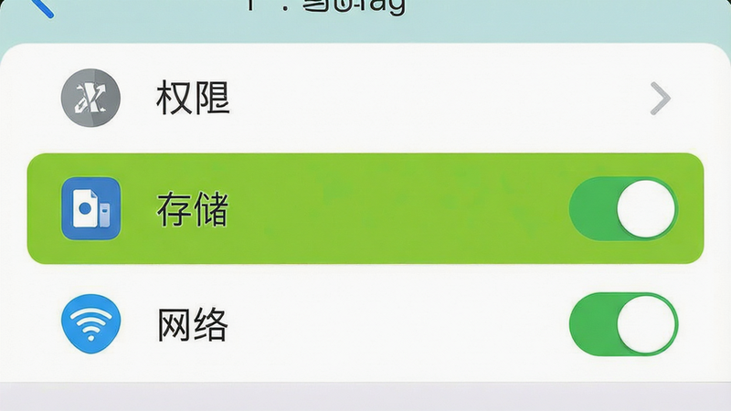 一张手机设置界面的示意图,显示权限管理列表,高亮显示“存储”和“网络”权限开关,界面简洁,图标清晰,风格为扁平化设计,无多余文字,高清渲染