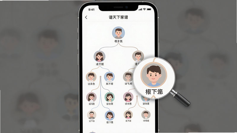 生成一张软件功能演示图,主体为手机屏幕中的“谱天下家谱”家族树状图,布局为垂直居中,顶部为根节点,向下分叉出多个层级,每个节点带有圆形头像框,线条连接流畅,风格扁平化UI设计,色彩柔和,细节展示节点点击后的放大效果,高清渲染,无背景干扰