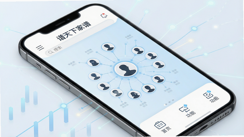 生成一张高清手机应用界面概念图,主体为“谱天下家谱”APP首页,布局为上下结构,顶部是简洁的白色导航栏包含搜索框,中部展示一个展开的圆形家族关系图谱节点,节点中有人物头像剪影,底部是功能菜单图标,整体风格为清新科技风,色调以淡蓝色和白色为主,细节处体现数据连接感,画质8k,干净无多余元素