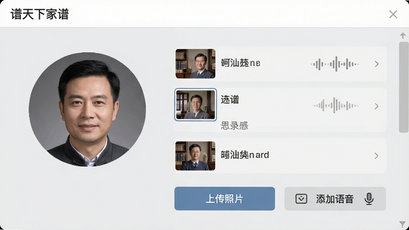 生成一张软件界面截图风格图,主体为“谱天下家谱”的人物详情页面,布局为左侧人物头像,右侧为信息列表,下方有“上传照片”、“添加语音”按钮,背景为浅灰色,风格简约现代,细节处显示图片缩略图和音频波形图标,画质清晰,无文字水印