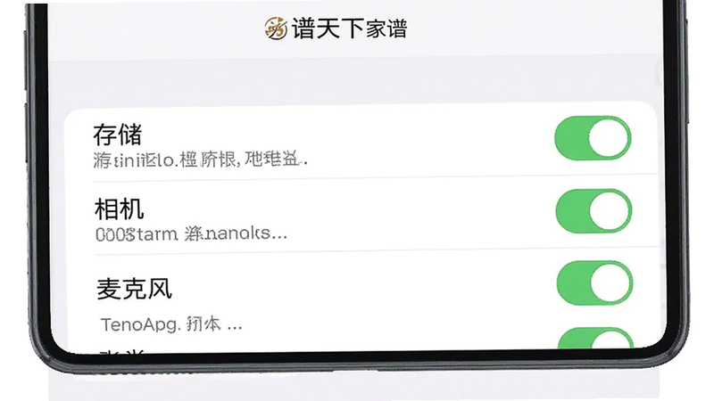 生成一张手机设置界面示意图,主体为“谱天下家谱”的权限管理页面,布局为列表形式,包含“存储”、“相机”、“麦克风”等权限开关,状态均为开启,风格为iOS或Android原生设置界面,简洁明了,细节处显示权限描述文字,高清,无多余装饰