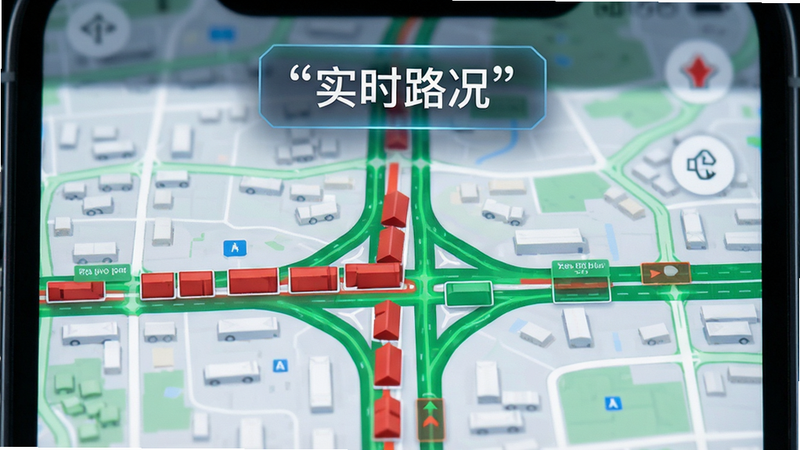 手机地图界面,显示红色拥堵路段与绿色畅通路段对比,上方悬浮“实时路况”标签,布局直观,风格科技感强,细节展示道路节点,画质清晰,文字“实时路况”加引号