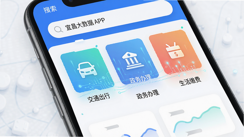 主体为“宜昌大数据”APP的手机屏幕界面,布局清晰,顶部为搜索栏,中间展示“交通出行”、“政务办理”、“生活缴费”三个核心功能模块图标,排版整齐,风格简约现代,细节处体现科技感,画质高清,干净无多余元素,文字“宜昌大数据”加引号