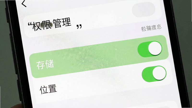 手机设置界面,显示“权限管理”选项,高亮“存储”与“位置”开关,布局清晰,风格简洁,细节展示权限状态,画质高,文字“权限管理”加引号