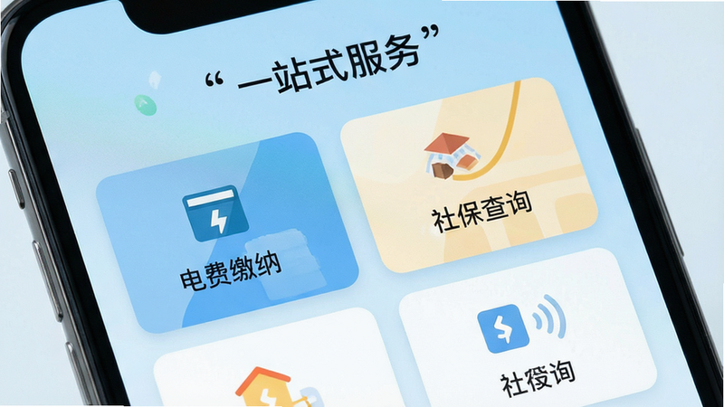 手机界面特写,显示“一站式服务”列表,包含“电费缴纳”、“社保查询”等卡片式布局,背景为浅蓝色渐变,排版紧凑有序,风格扁平化,细节清晰,画质高,文字“一站式服务”加引号