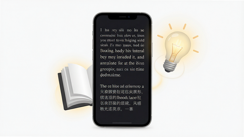 一张展示移动端阅读界面的概念图,主体为深色背景下的手机屏幕,屏幕内显示英文段落与对应的中文译文,排版清晰,字体优雅,周围环绕着书籍和灯泡的光晕,象征灵感与学习,风格简约现代,高清细节,无多余水印,干净背景