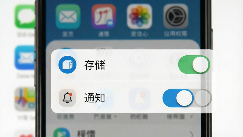 展示手机设置界面中应用权限管理的截图风格图,重点高亮显示“存储”和“通知”权限开关,背景模糊处理,突出操作重点,风格清晰直观,教学演示用,高清,无杂乱图标