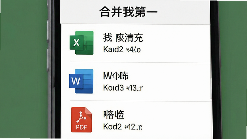 手机界面展示文件选择列表,图标分别为Excel绿色表格、Word蓝色文档、PDF红色文件,界面顶部显示“合并我第一”标题,布局为垂直列表,风格扁平化,细节清晰显示文件名称与大小,画质清晰,干净,无多余元素