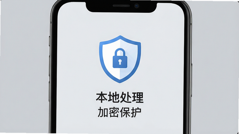 手机界面显示安全盾牌图标,文字标注“本地处理”与“加密保护”,背景为浅灰色,布局中心对称,风格信任感强,细节包含锁形图标,画质清晰,干净,无多余元素