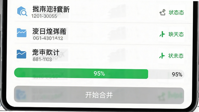 手机界面显示批量合并进度条,上方列出多个文件名,进度条为绿色,显示“95%”,界面下方有“开始合并”按钮,布局上下结构,风格简洁,细节显示文件大小与状态,画质高清,干净,无多余元素