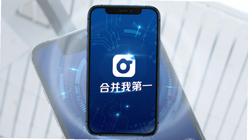 主体为手机屏幕界面,显示“合并我第一”APP启动页,背景为深蓝色科技感渐变,中央有白色Logo及文字“合并我第一”,布局简洁居中,排版清晰,风格现代商务,细节包含轻微光效,画质高清,干净,无多余元素
