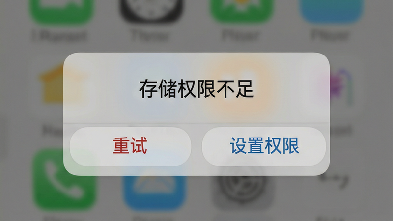 手机界面显示错误提示框,文字“存储权限不足”,下方有“重试”与“设置权限”按钮,背景为半透明灰色,布局居中,风格警示明显,细节清晰,画质清晰,干净,无多余元素