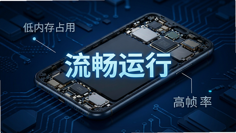展示手机屏幕内部结构示意图,标注“低内存占用”、“高帧率”,背景为深蓝色科技风,文字“流畅运行”发光,风格科技感,布局简洁,细节专业,画质清晰