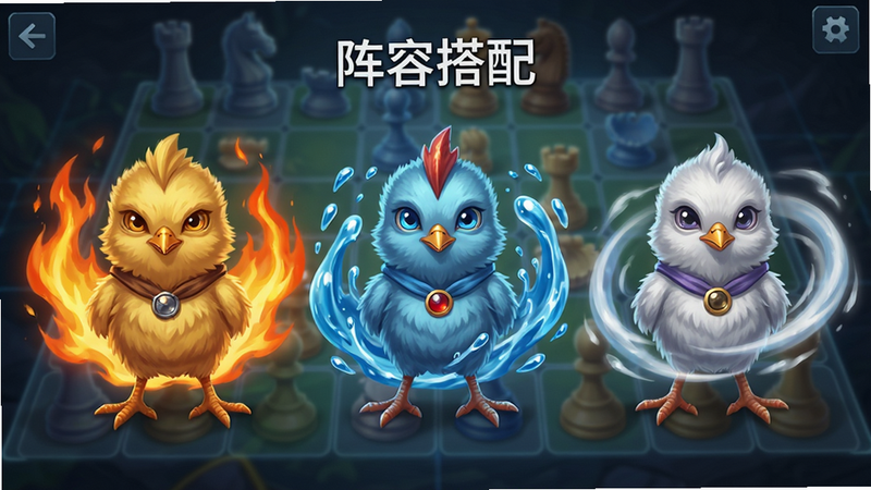 展示三个不同属性的小鸡角色并排站立,周围环绕着代表火、水、风的特效,背景为半透明的策略棋盘,文字“阵容搭配”居中,风格游戏UI,布局对称,细节清晰,画质锐利