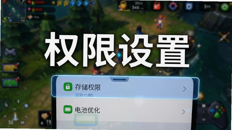 展示手机设置界面,高亮显示“存储权限”和“电池优化”选项,背景为模糊的游戏画面,文字“权限设置”醒目,风格UI截图,布局清晰,细节真实,画质高清