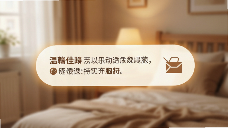 主体为手机界面,显示一条温馨的提示气泡,背景为模糊的生活场景,如温馨的卧室角落,布局左侧为文字,右侧为图标,排版平衡,风格温暖治愈,细节处有柔和的光晕,画质细腻,干净,无多余元素