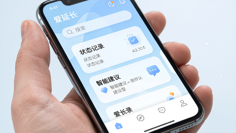 主体为手机屏幕特写,屏幕显示爱延长APP首页,界面简洁清新,背景为柔和的浅蓝色渐变,布局清晰,顶部有搜索栏,中部展示核心功能卡片如“状态记录”、“智能建议”,底部为导航栏,排版整齐,风格现代简约,细节处有细微的光影效果,画质高清,干净,无多余元素