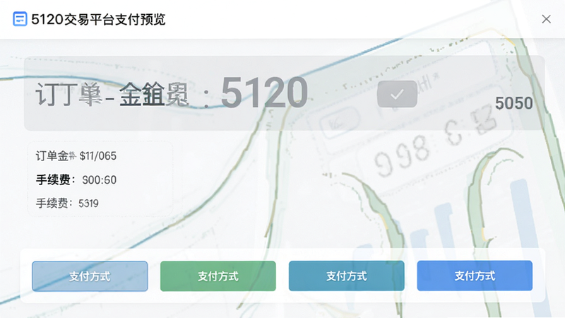 5120交易平台支付界面预览,显示订单金额、手续费明细及支付方式选项,界面清晰透明,风格简洁,细节准确,画质高清,无杂乱背景