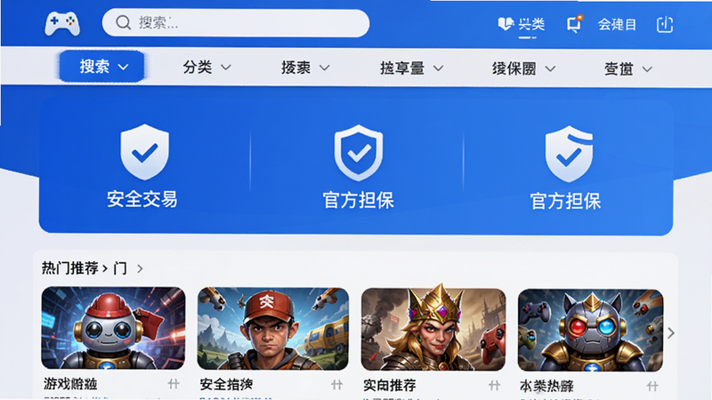 主体为5120游戏平台安卓版APP的首页界面全景图,布局清晰整洁,顶部显示搜索栏和分类导航,中部突出展示“安全交易”、“官方担保”等核心服务图标,底部为热门游戏推荐列表,风格采用科技感蓝白配色,细节呈现高清图标与流畅线条,画质清晰,干净无多余元素