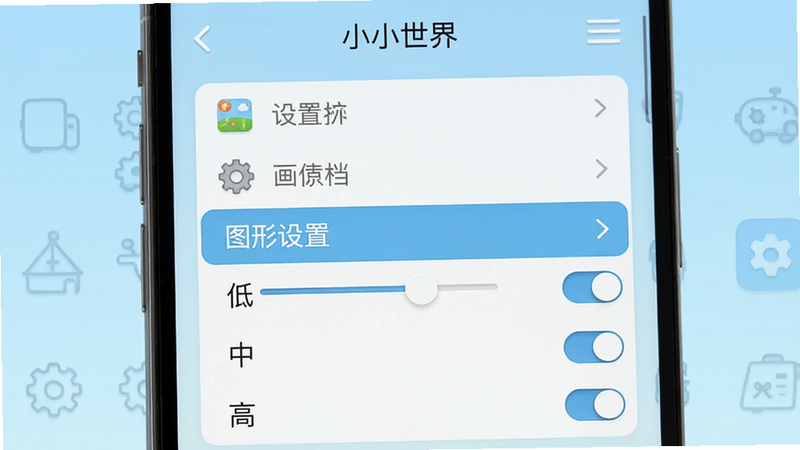 主体为手机屏幕显示《小小世界》设置界面,布局为列表式菜单,高亮显示“图形设置”选项,下方列出“低、中、高”画质档位。背景为淡蓝色渐变,图标简洁。风格为扁平化UI设计,字体清晰易读。细节包含滑动条和开关按钮。画质清晰,无乱码,无多余弹窗,界面整洁。