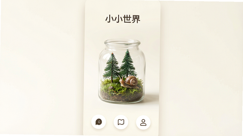 主体为一款名为“小小世界”的手机应用界面预览图,布局采用居中构图,背景为柔和的米白色极简风格。画面中央展示一个精致的微缩玻璃生态瓶,瓶内包含迷你松树、苔藓和一只小蜗牛,细节清晰可见。界面顶部显示应用标题“小小世界”,底部有三个简约图标按钮。整体风格为清新治愈系,光影柔和,高清画质,无多余水印或杂乱元素,干净利落。