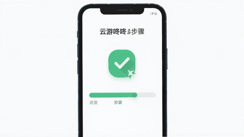 云游咚咚安装步骤示意图,主体为手机屏幕显示安装进度条,布局居中,风格扁平化,细节包含安装完成图标,画质清晰,干净无多余元素