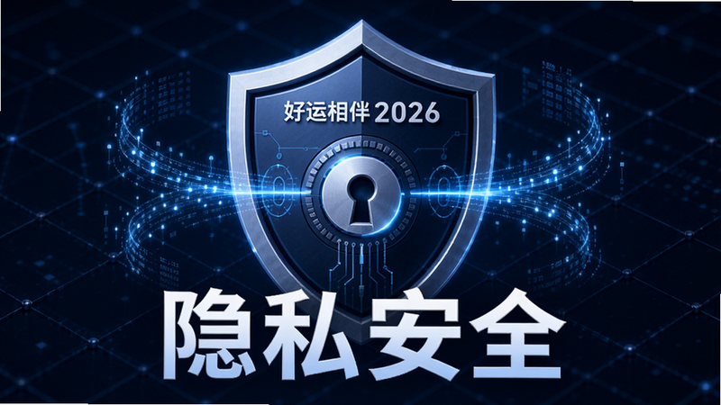 展示“好运相伴2026”安全功能的概念图,主体为一个盾牌图标,中心带有锁芯图案,背景为深蓝色科技感网格,周围有数据流保护光效,风格严谨专业,细节体现加密过程,文字“隐私安全”醒目,画质高清,干净利落
